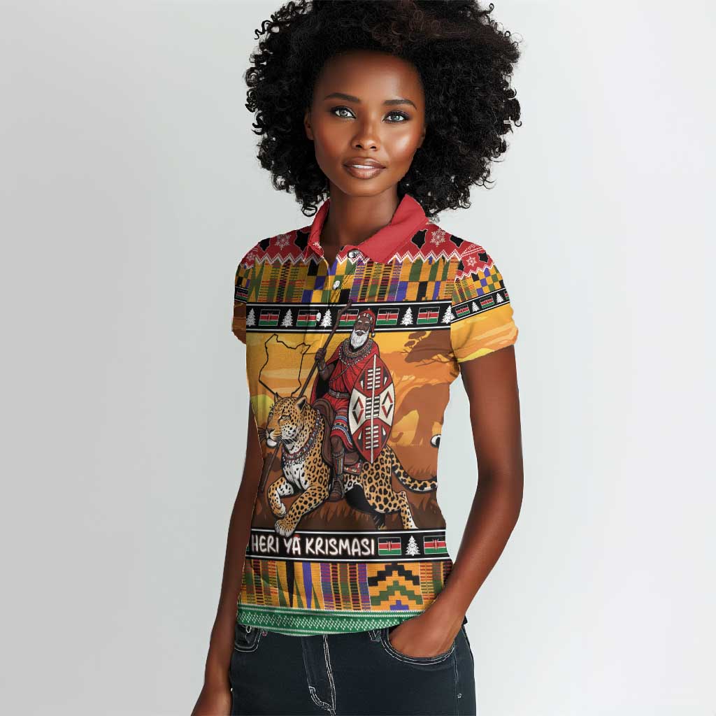Afro Christmas in Kenya Safari Women Polo Shirt Black Santa Riding Leopards - African Pride