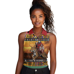 Afro Christmas in Kenya Safari Women Sleeveless Polo Shirt Black Santa Riding Leopards - African Pride