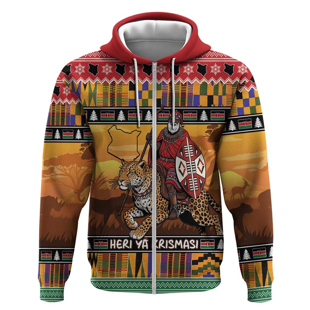 Afro Christmas in Kenya Safari Zip Hoodie Black Santa Riding Leopards - African Pride