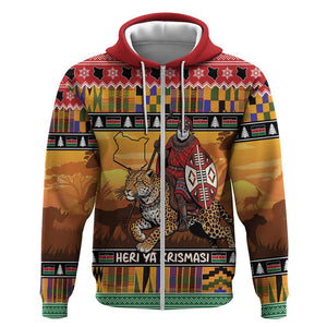 Afro Christmas in Kenya Safari Zip Hoodie Black Santa Riding Leopards - African Pride