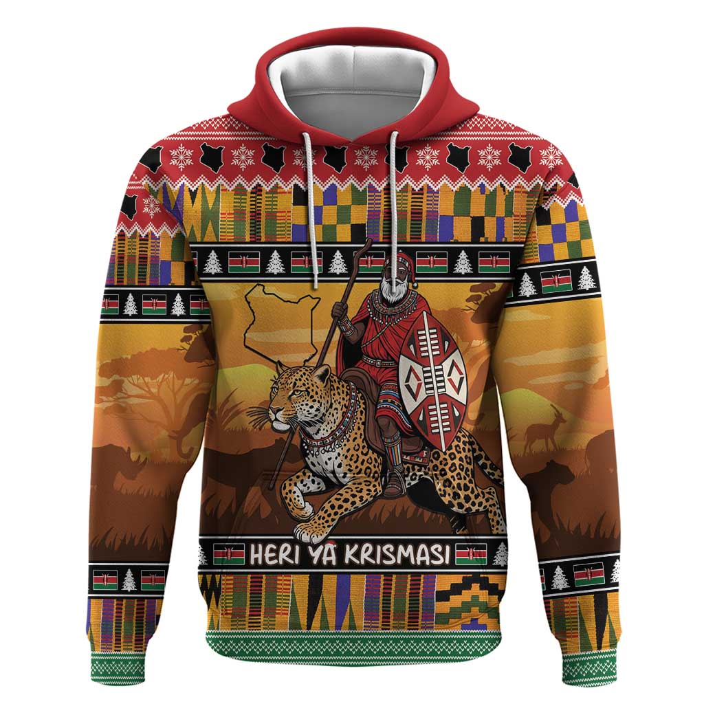 Afro Christmas in Kenya Safari Zip Hoodie Black Santa Riding Leopards - African Pride