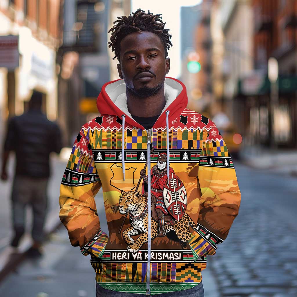 Afro Christmas in Kenya Safari Zip Hoodie Black Santa Riding Leopards - African Pride