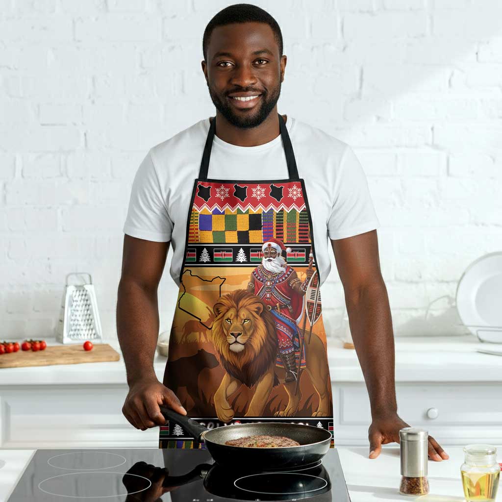 Kenya Safari Christmas Apron Black Santa Riding Lion - Heri ya Krismasi