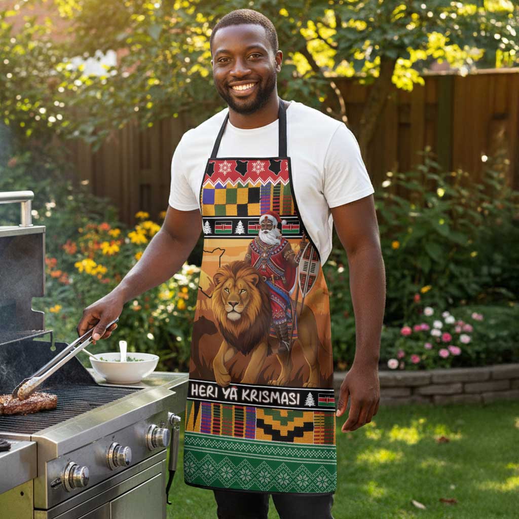 Kenya Safari Christmas Apron Black Santa Riding Lion - Heri ya Krismasi