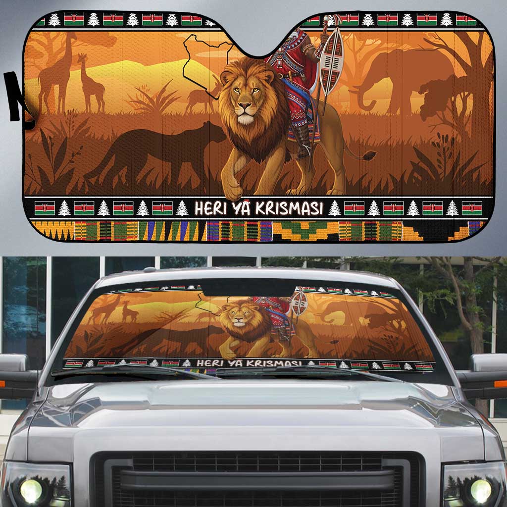 Kenya Safari Christmas Auto Sun Shade Black Santa Riding Lion - Heri ya Krismasi