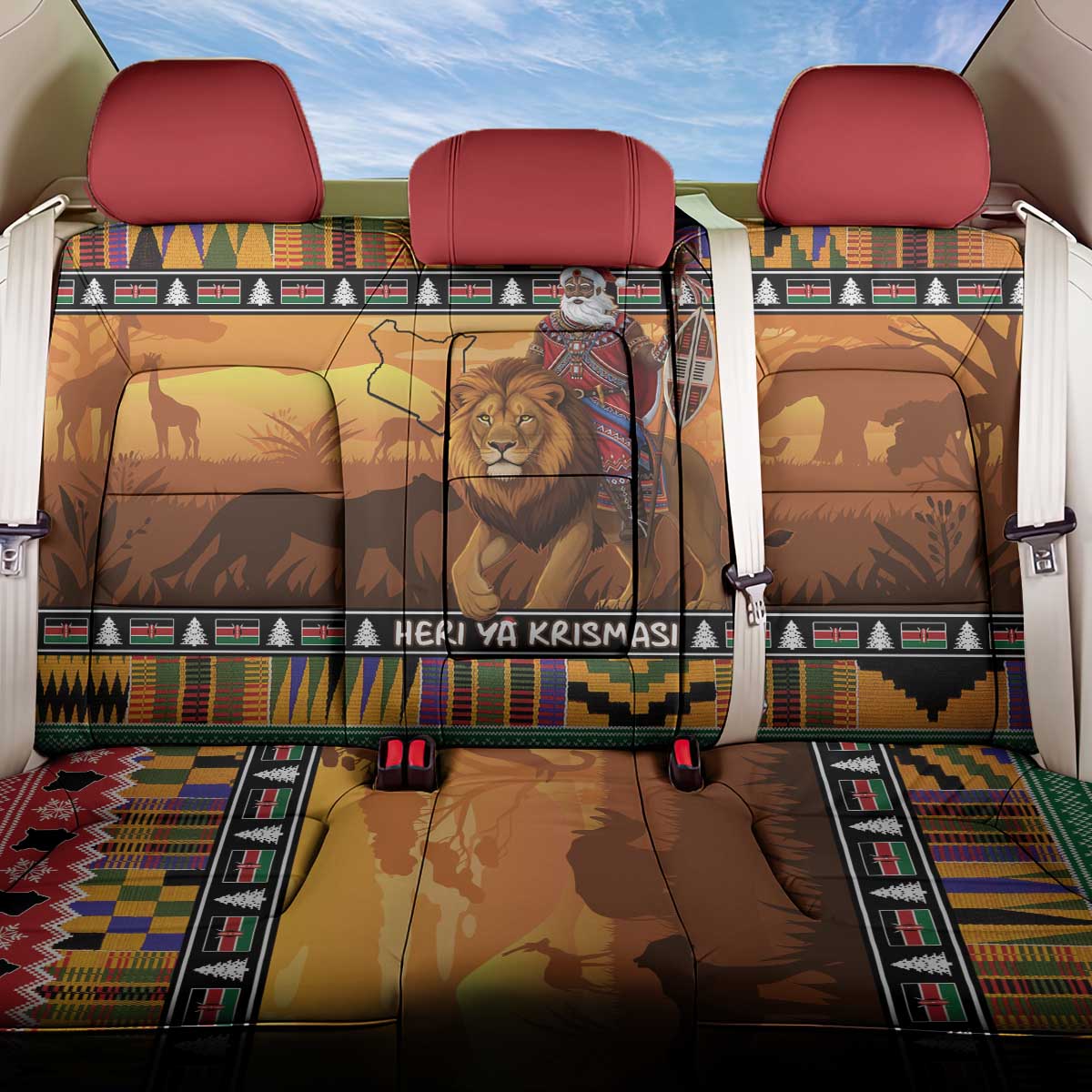 Afro Christmas in Kenya Safari Back Car Seat Cover Black Santa Riding Lion - African Pride