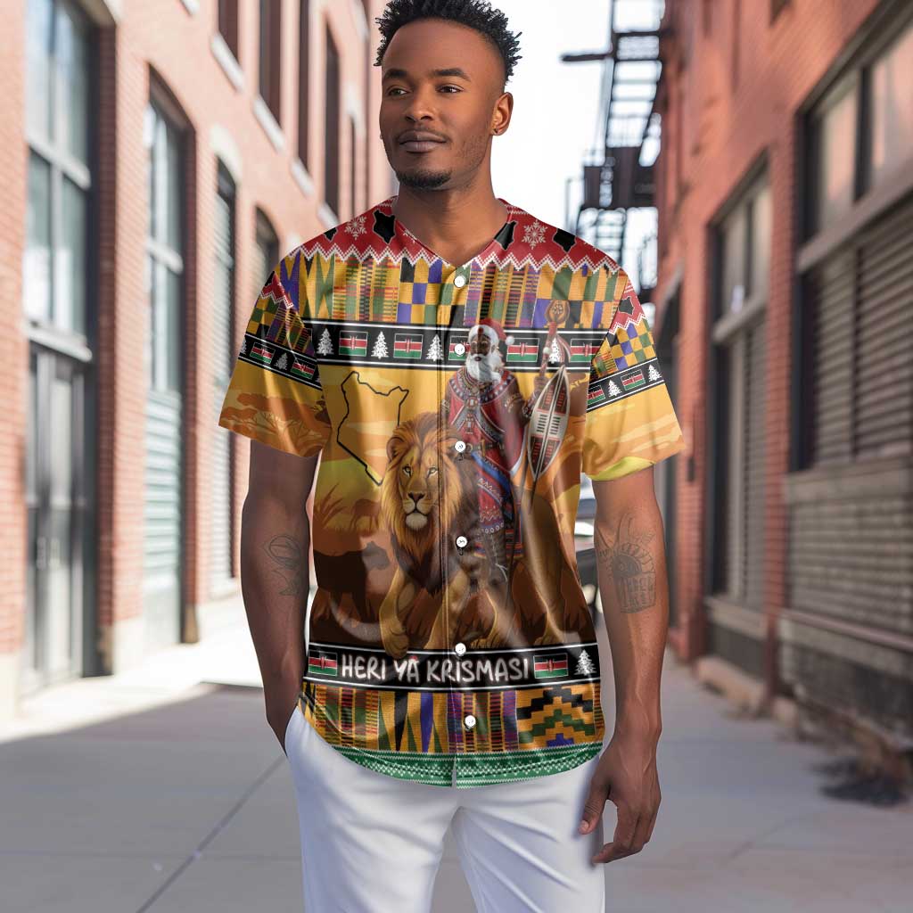 Afro Christmas in Kenya Safari Baseball Jersey Black Santa Riding Lion - African Pride