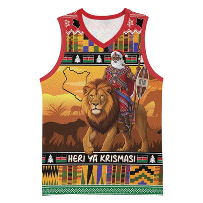 Afro Christmas in Kenya Safari Basketball Jersey Black Santa Riding Lion - African Pride