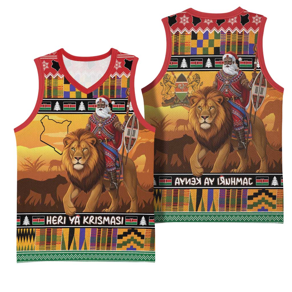 Afro Christmas in Kenya Safari Basketball Jersey Black Santa Riding Lion - African Pride