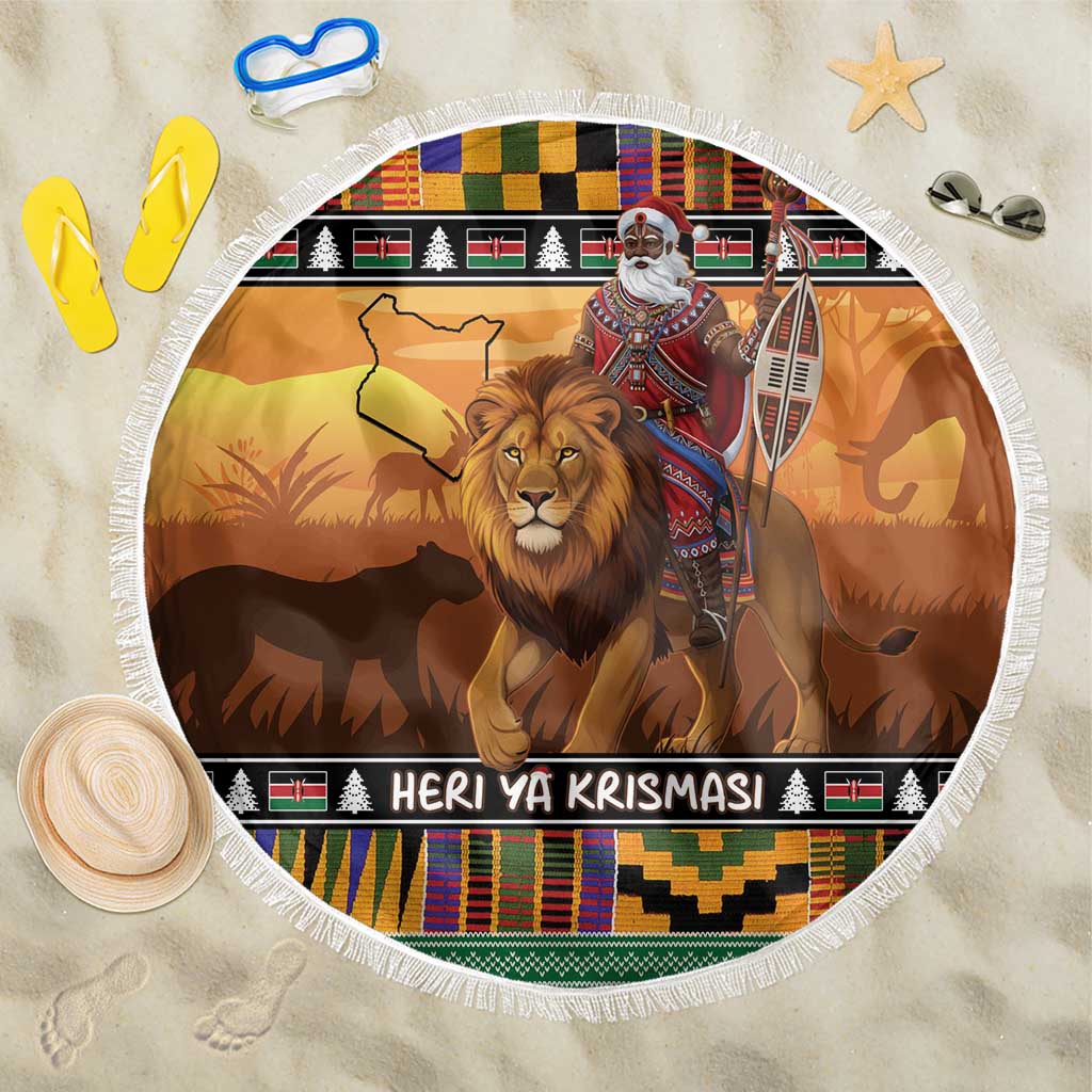 Afro Christmas in Kenya Safari Beach Blanket Black Santa Riding Lion - African Pride