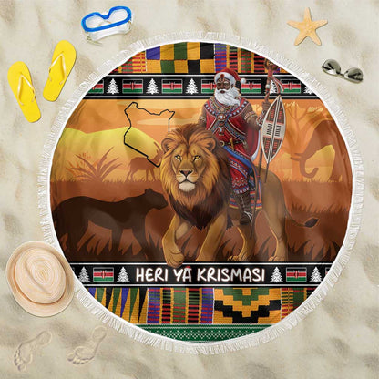 Afro Christmas in Kenya Safari Beach Blanket Black Santa Riding Lion - African Pride