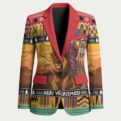 Kenya Safari Christmas Blazer Black Santa Riding Lion - Heri ya Krismasi