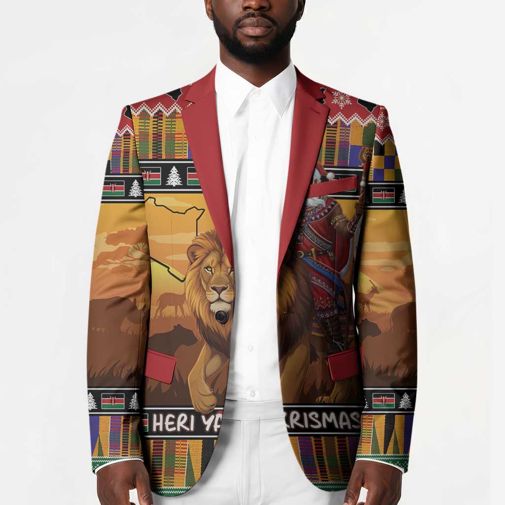 Kenya Safari Christmas Blazer Black Santa Riding Lion - Heri ya Krismasi