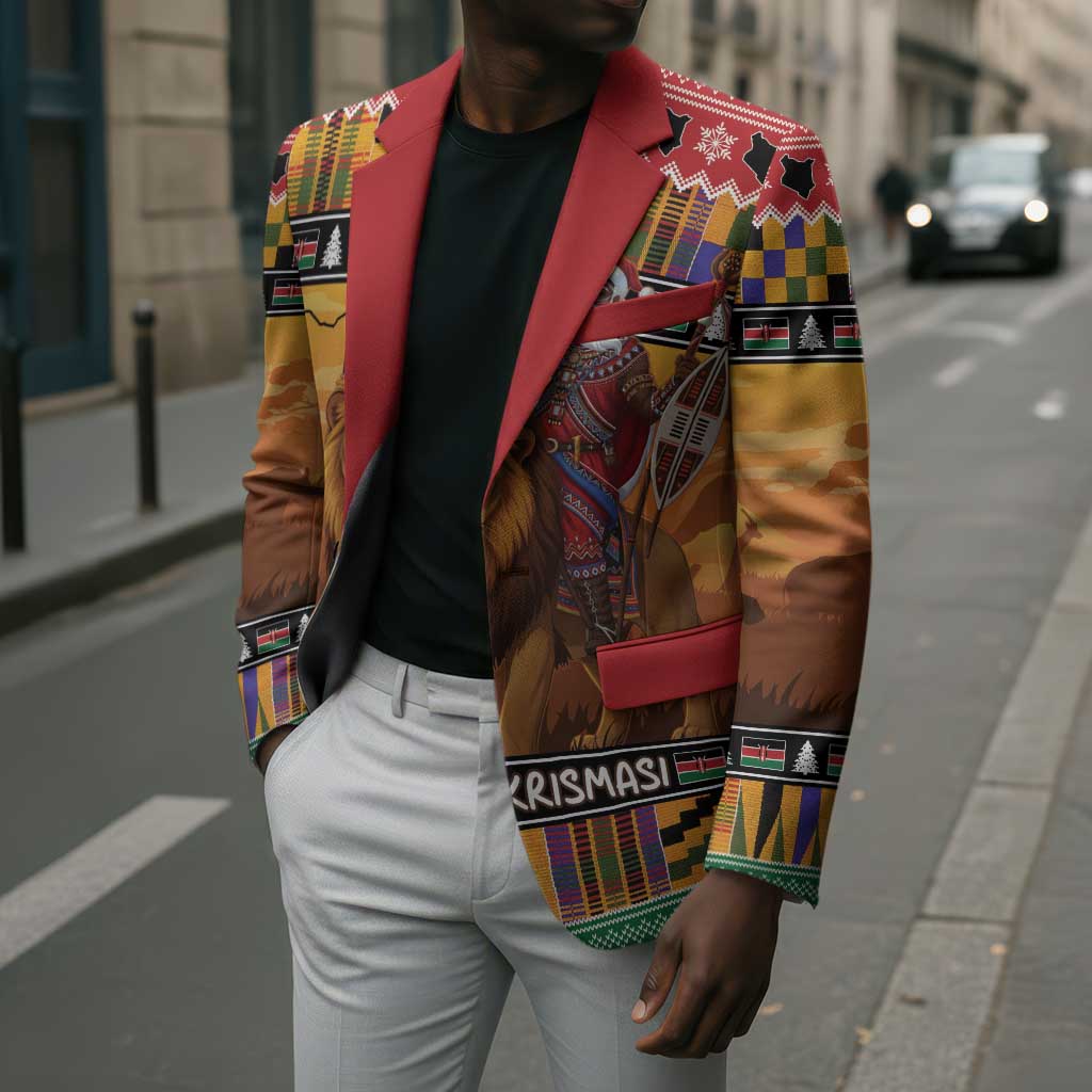 Kenya Safari Christmas Blazer Black Santa Riding Lion - Heri ya Krismasi