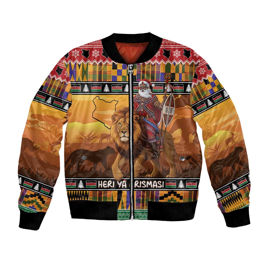 Afro Christmas in Kenya Safari Bomber Jacket Black Santa Riding Lion - African Pride