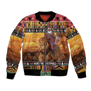 Afro Christmas in Kenya Safari Bomber Jacket Black Santa Riding Lion - African Pride