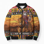 Kenya Safari Christmas Bomber Puffer Jacket Black Santa Riding Lion - Heri ya Krismasi