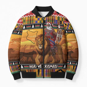 Kenya Safari Christmas Bomber Puffer Jacket Black Santa Riding Lion - Heri ya Krismasi