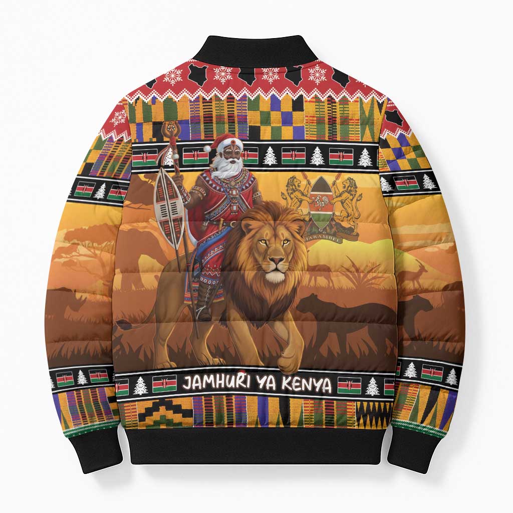 Kenya Safari Christmas Bomber Puffer Jacket Black Santa Riding Lion - Heri ya Krismasi