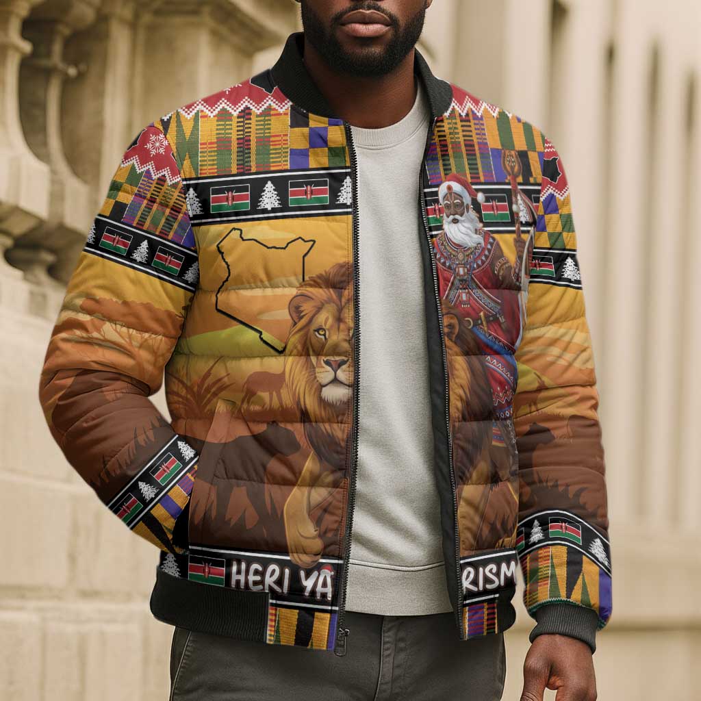 Kenya Safari Christmas Bomber Puffer Jacket Black Santa Riding Lion - Heri ya Krismasi