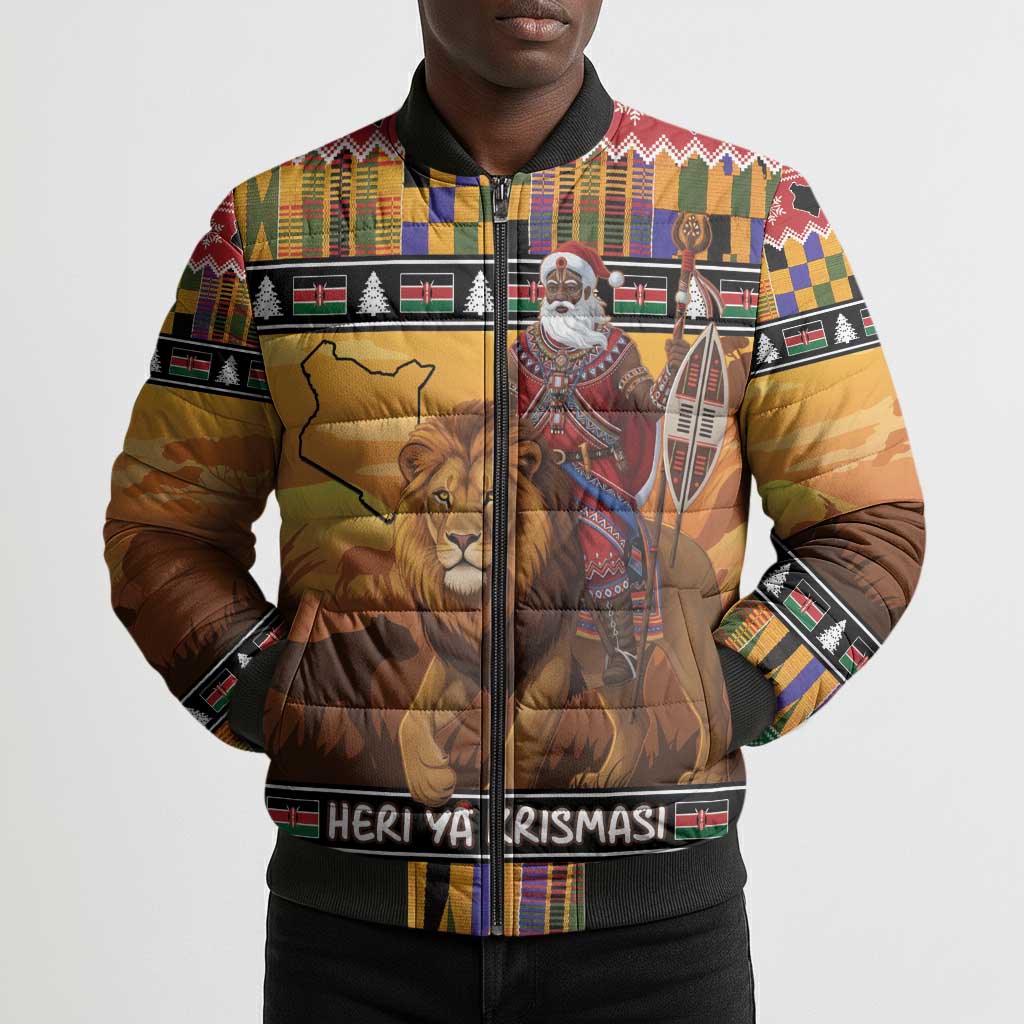 Kenya Safari Christmas Bomber Puffer Jacket Black Santa Riding Lion - Heri ya Krismasi