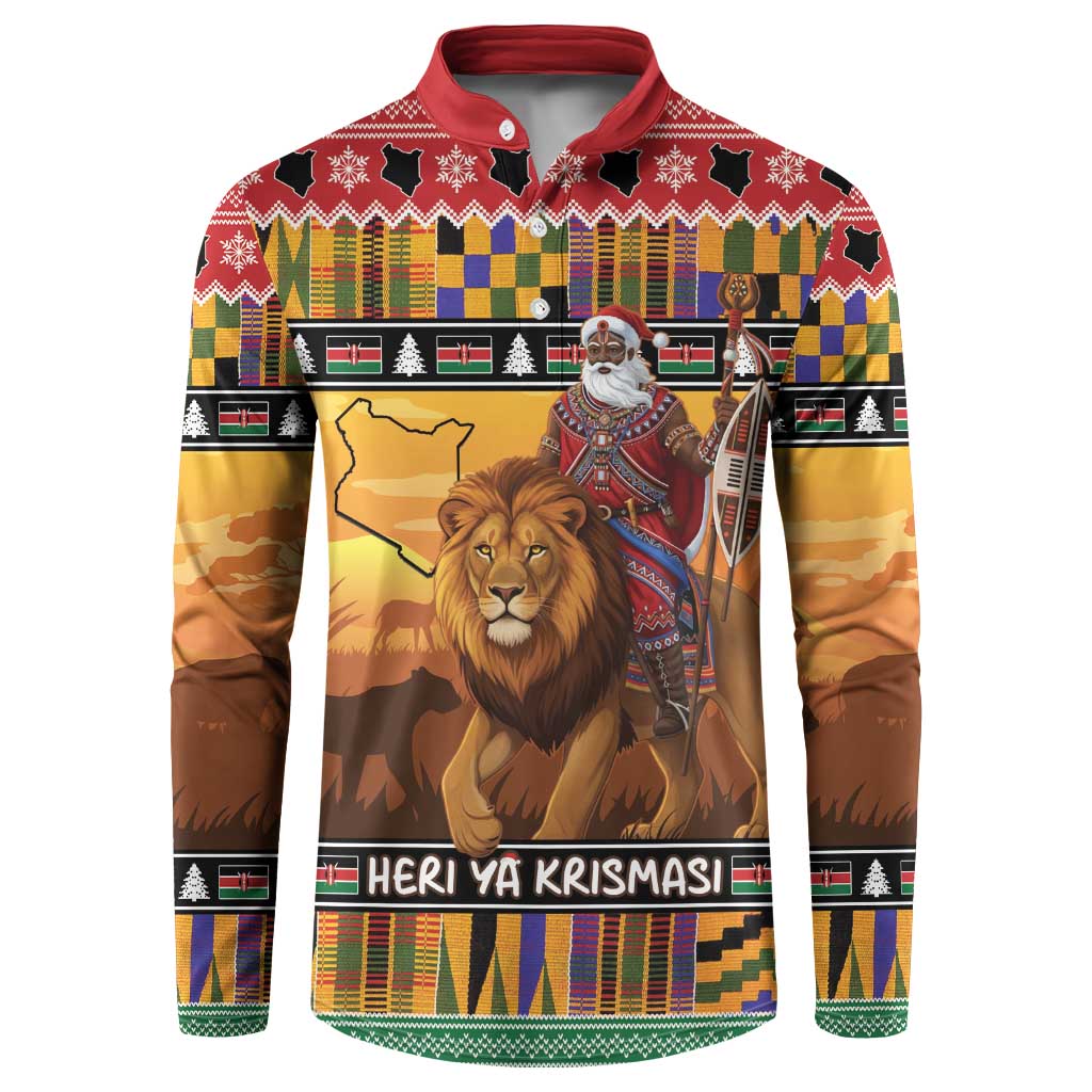Kenya Safari Christmas Button Sweatshirt Black Santa Riding Lion - Heri ya Krismasi
