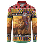 Kenya Safari Christmas Button Sweatshirt Black Santa Riding Lion - Heri ya Krismasi