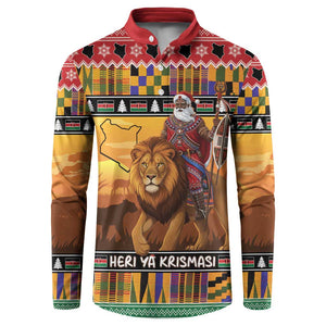 Kenya Safari Christmas Button Sweatshirt Black Santa Riding Lion - Heri ya Krismasi