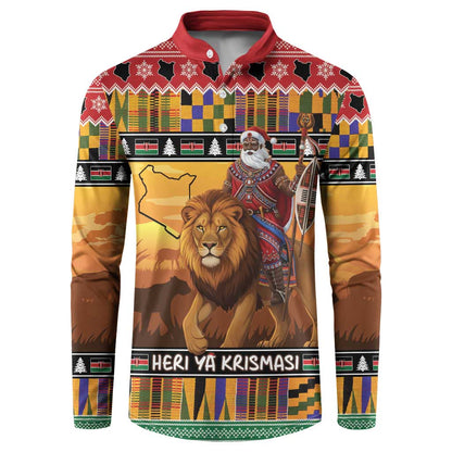 Kenya Safari Christmas Button Sweatshirt Black Santa Riding Lion - Heri ya Krismasi