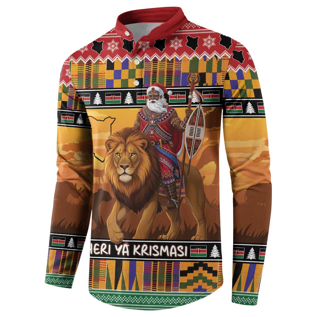 Kenya Safari Christmas Button Sweatshirt Black Santa Riding Lion - Heri ya Krismasi