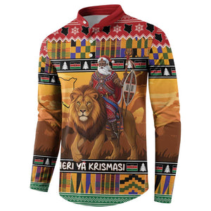 Kenya Safari Christmas Button Sweatshirt Black Santa Riding Lion - Heri ya Krismasi