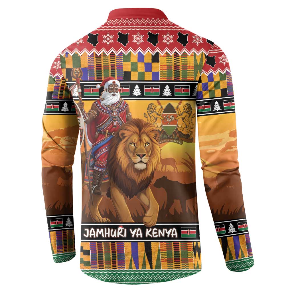 Kenya Safari Christmas Button Sweatshirt Black Santa Riding Lion - Heri ya Krismasi
