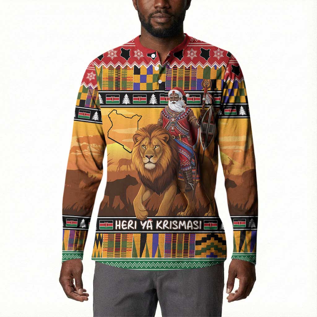 Kenya Safari Christmas Button Sweatshirt Black Santa Riding Lion - Heri ya Krismasi