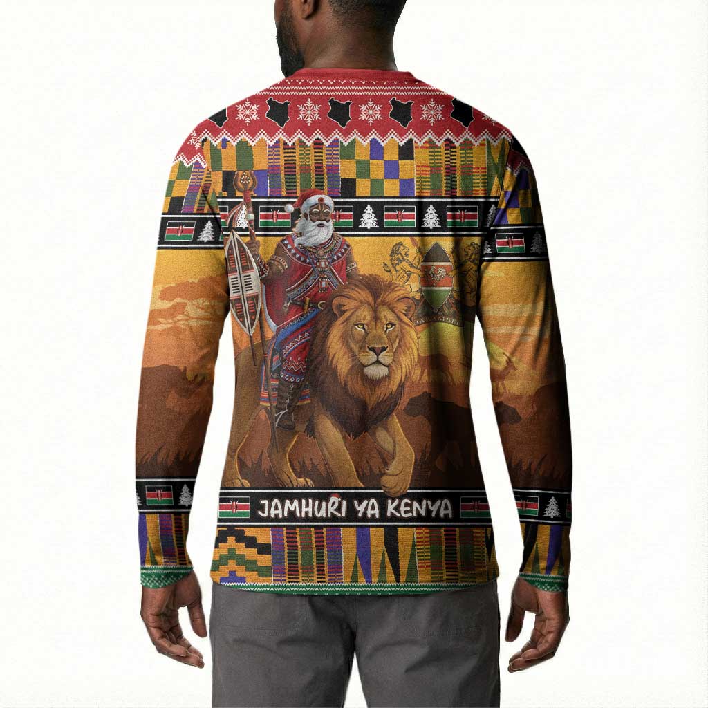 Kenya Safari Christmas Button Sweatshirt Black Santa Riding Lion - Heri ya Krismasi