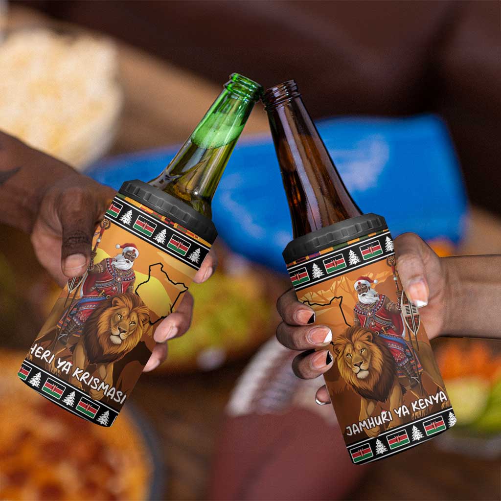 Afro Christmas in Kenya Safari 4 in 1 Can Cooler Tumbler Black Santa Riding Lion - African Pride
