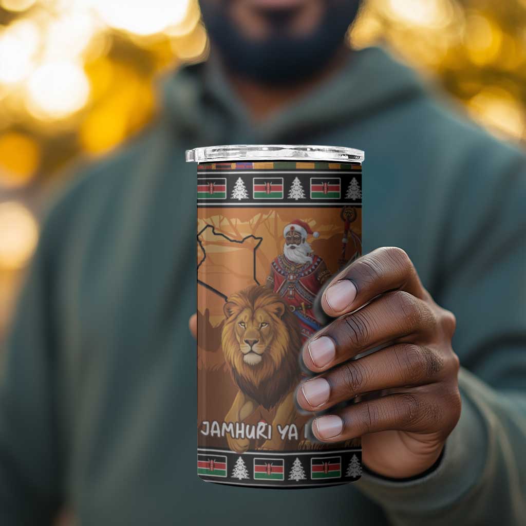 Afro Christmas in Kenya Safari 4 in 1 Can Cooler Tumbler Black Santa Riding Lion - African Pride