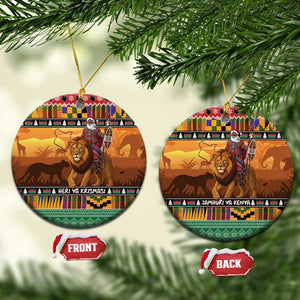 Afro Christmas in Kenya Safari Ceramic Ornament Black Santa Riding Lion - African Pride