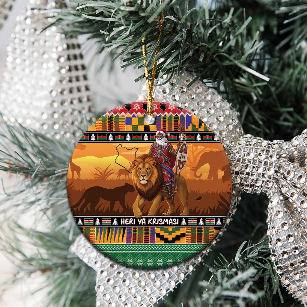 Afro Christmas in Kenya Safari Ceramic Ornament Black Santa Riding Lion - African Pride