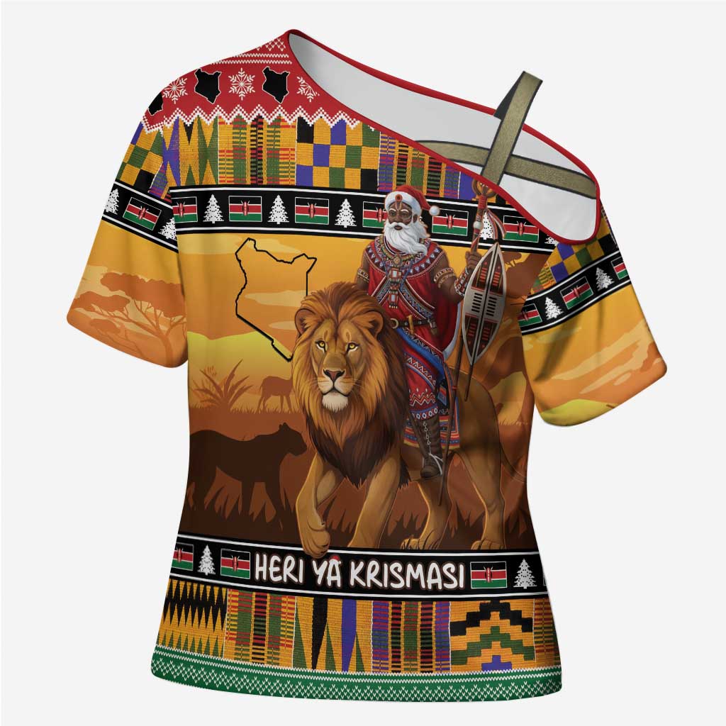 Kenya Safari Christmas Cross Shoulder Shirt Black Santa Riding Lion - Heri ya Krismasi