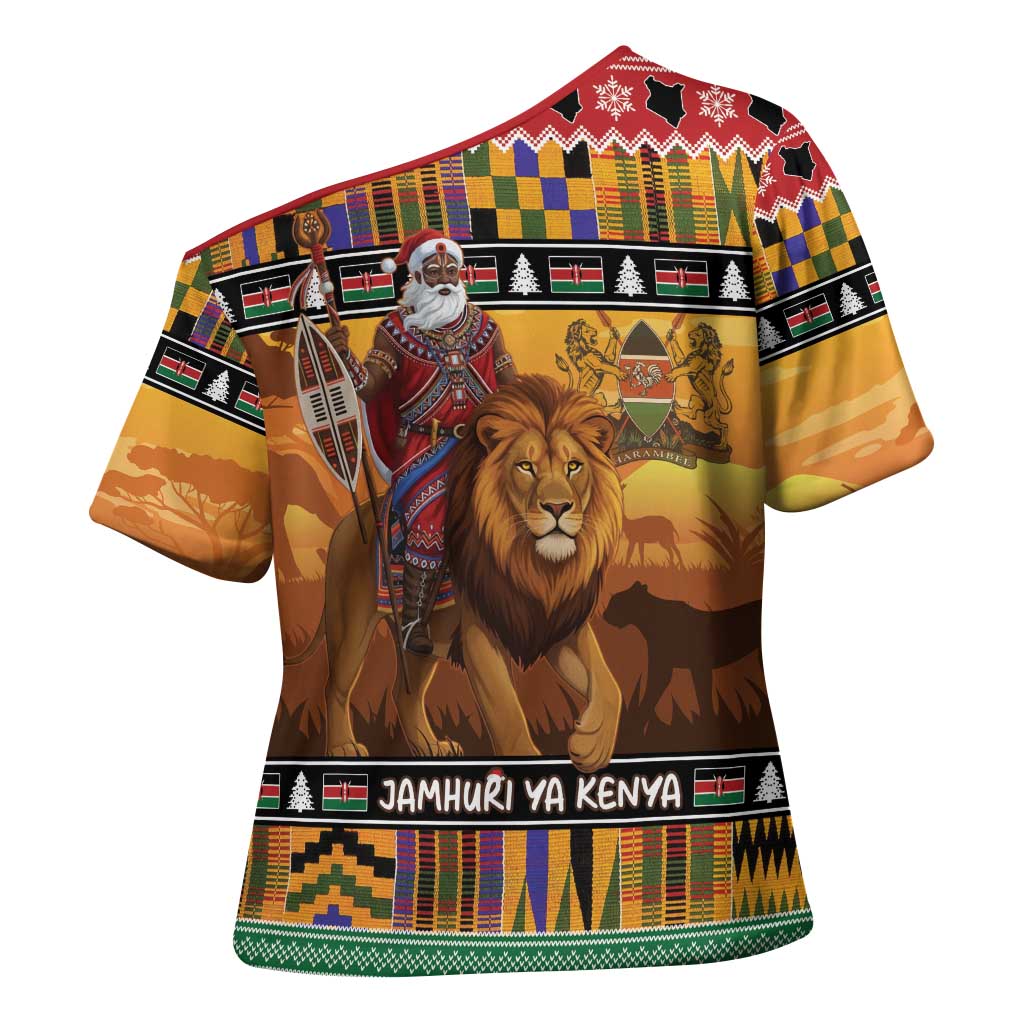 Kenya Safari Christmas Cross Shoulder Shirt Black Santa Riding Lion - Heri ya Krismasi