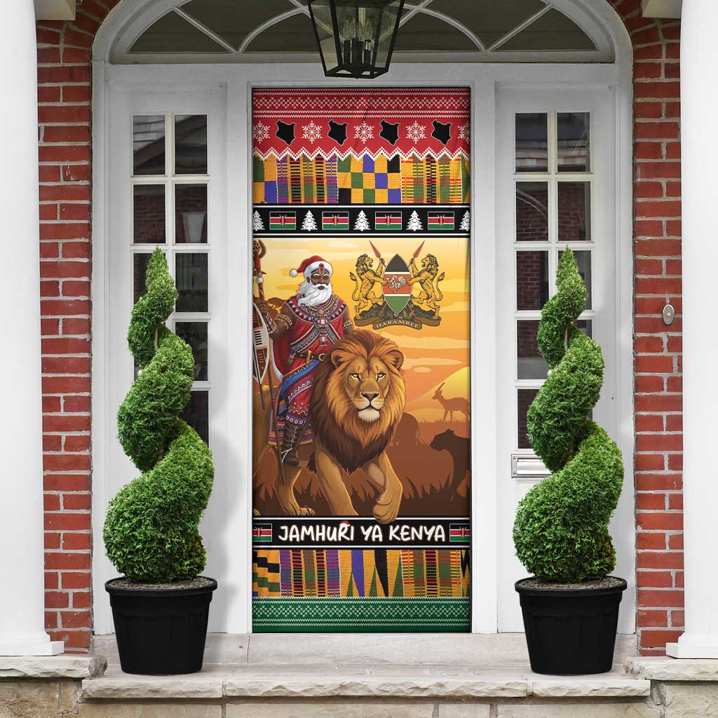Kenya Safari Christmas Door Cover Black Santa Riding Lion - Heri ya Krismasi