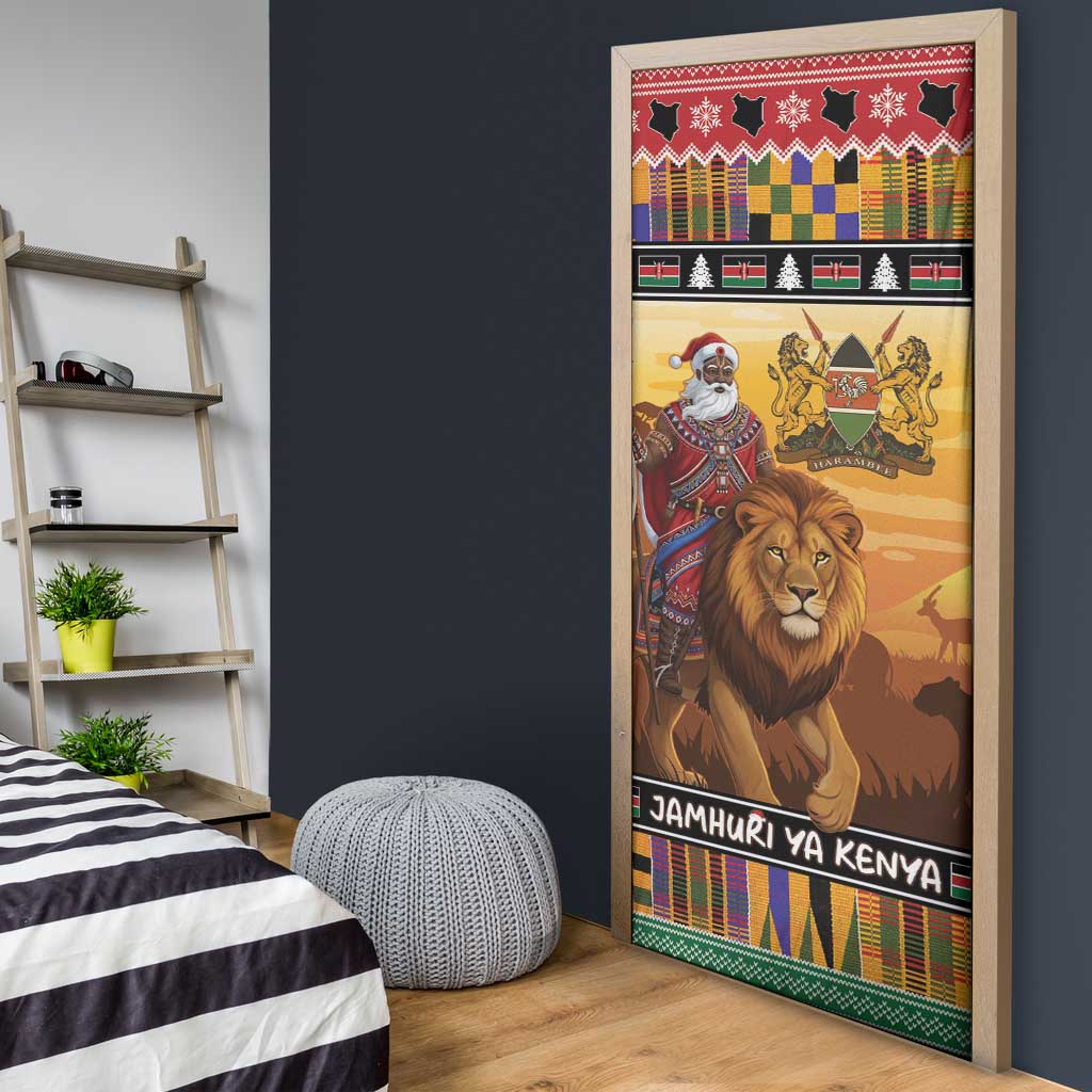 Kenya Safari Christmas Door Cover Black Santa Riding Lion - Heri ya Krismasi