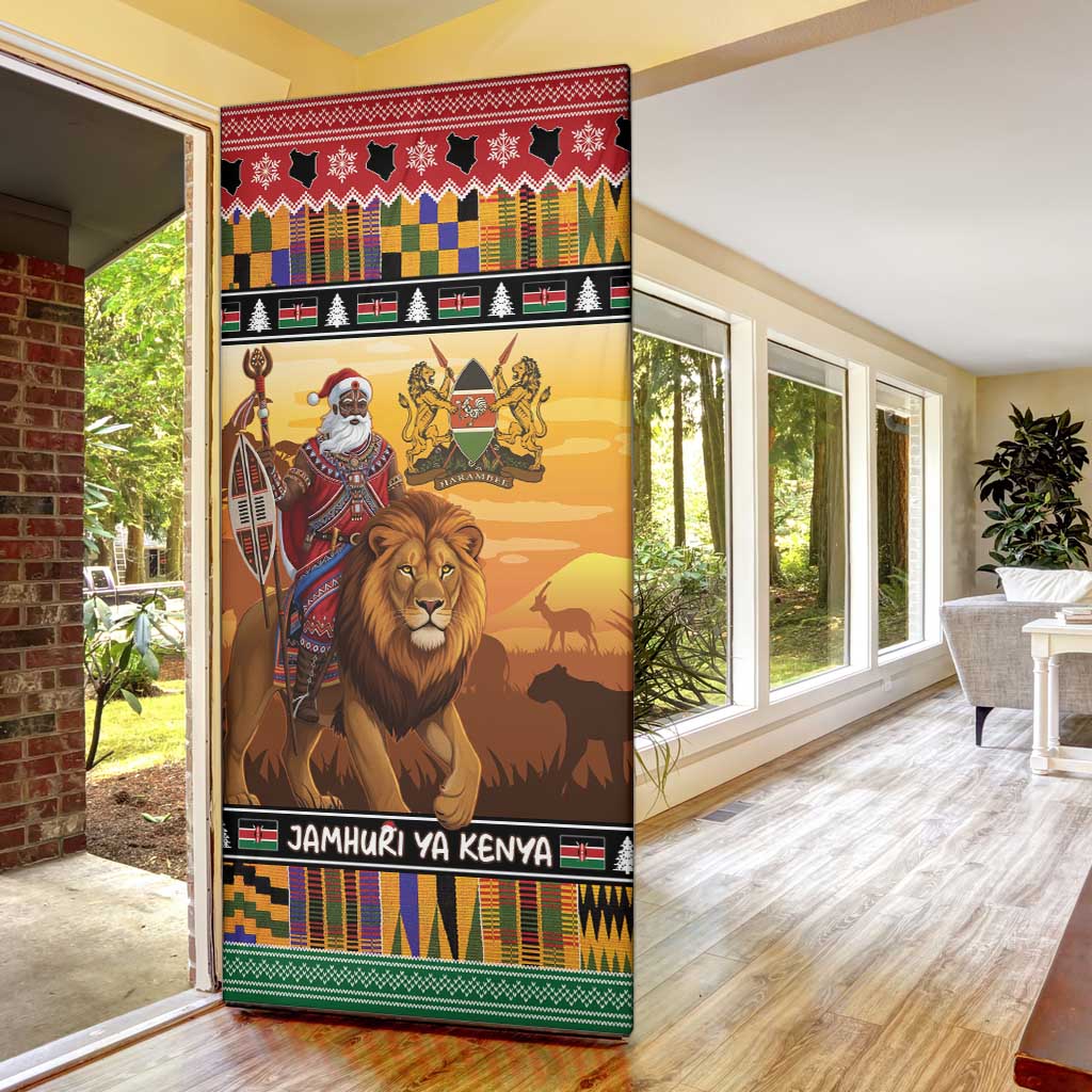 Kenya Safari Christmas Door Cover Black Santa Riding Lion - Heri ya Krismasi