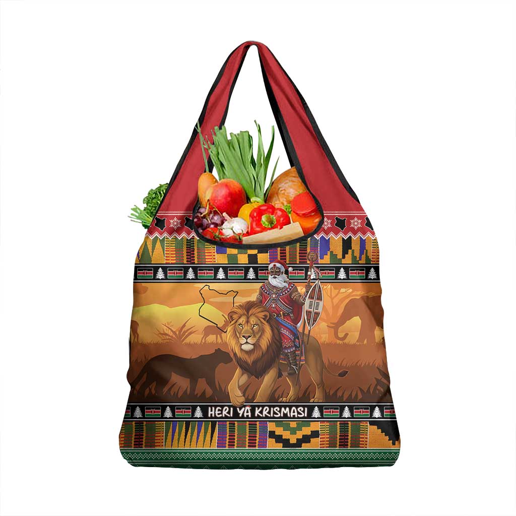 Afro Christmas in Kenya Safari Grocery Bag Black Santa Riding Lion - African Pride