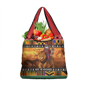 Afro Christmas in Kenya Safari Grocery Bag Black Santa Riding Lion - African Pride