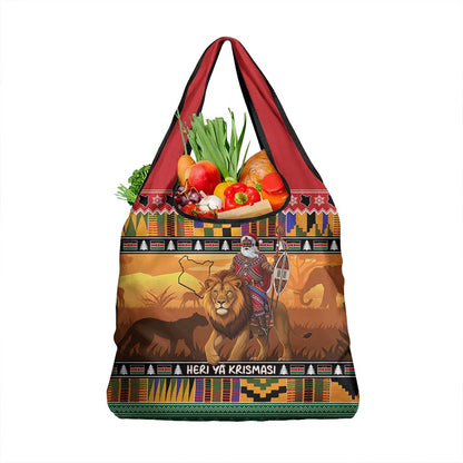 Afro Christmas in Kenya Safari Grocery Bag Black Santa Riding Lion - African Pride