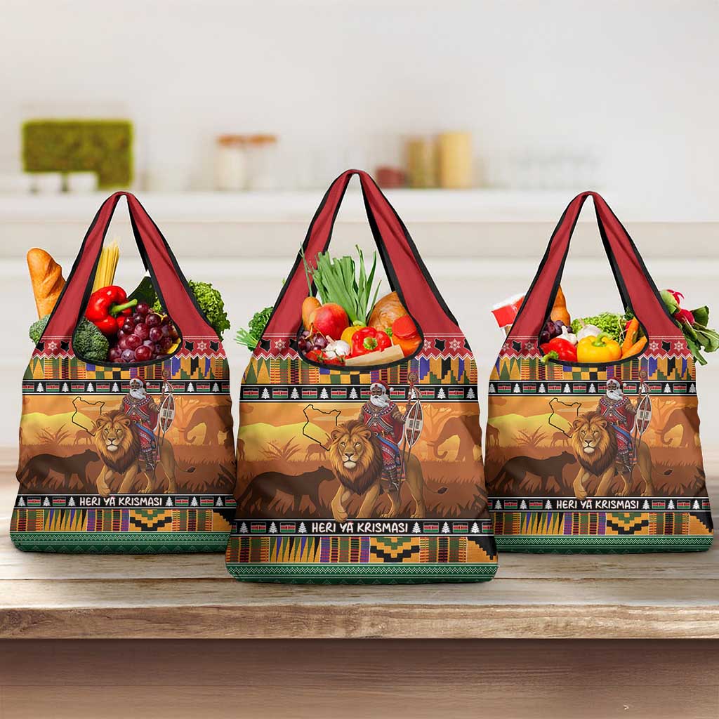 Afro Christmas in Kenya Safari Grocery Bag Black Santa Riding Lion - African Pride