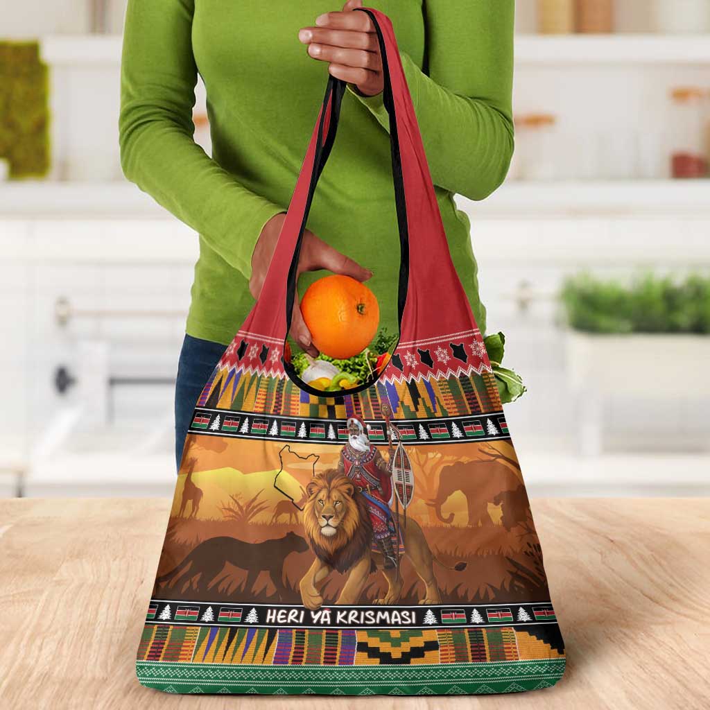 Afro Christmas in Kenya Safari Grocery Bag Black Santa Riding Lion - African Pride