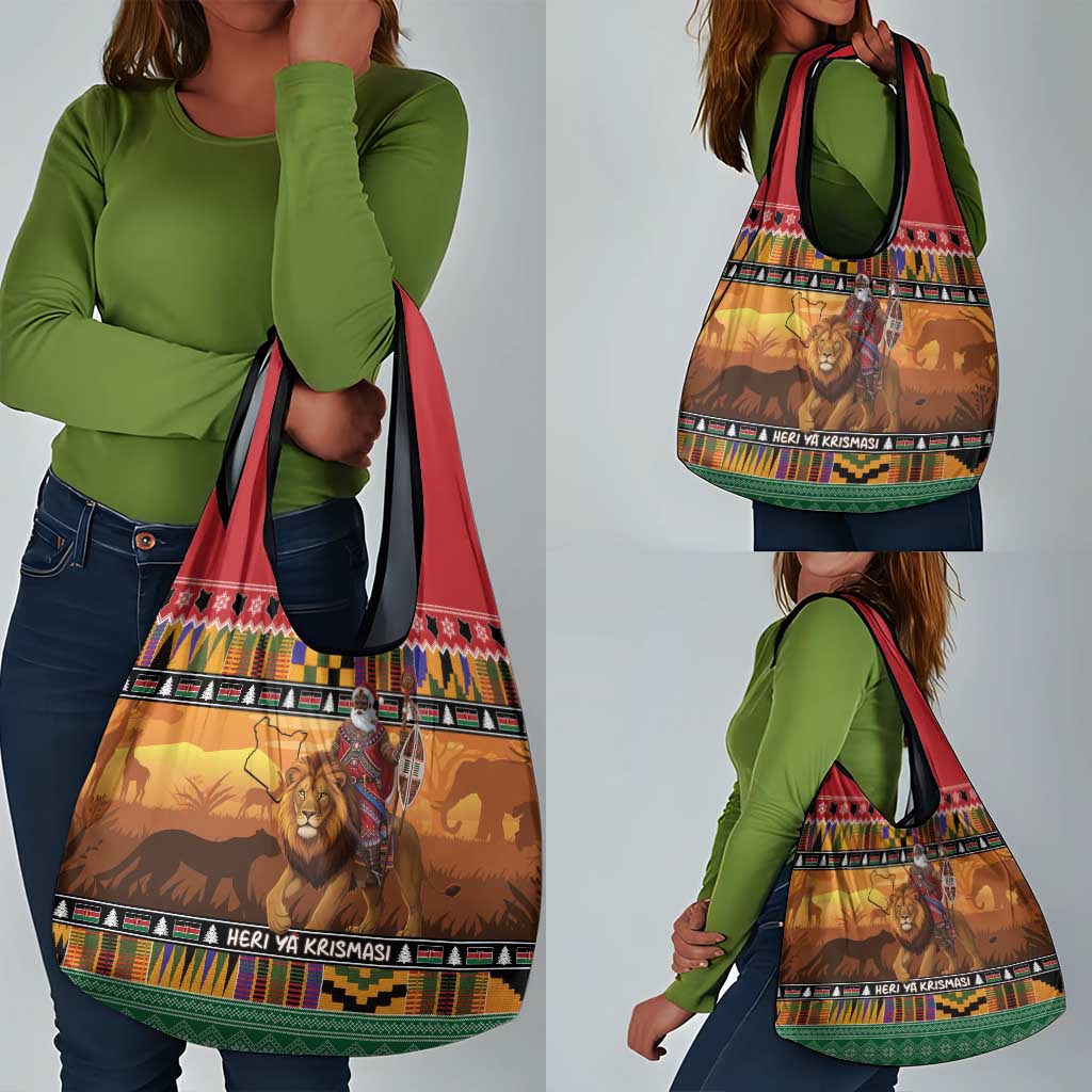 Afro Christmas in Kenya Safari Grocery Bag Black Santa Riding Lion - African Pride