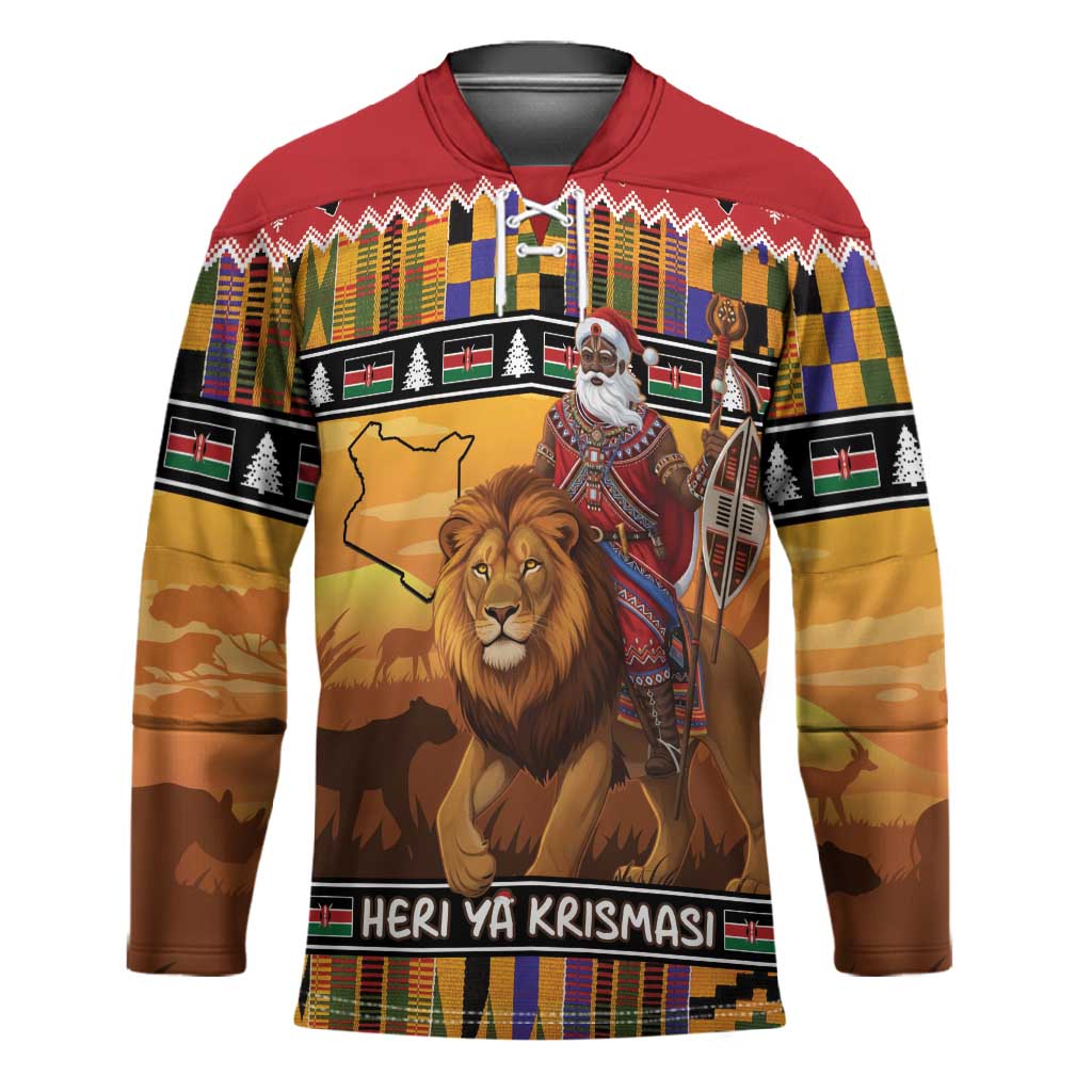 Kenya Safari Christmas Hockey Jersey Black Santa Riding Lion - Heri ya Krismasi